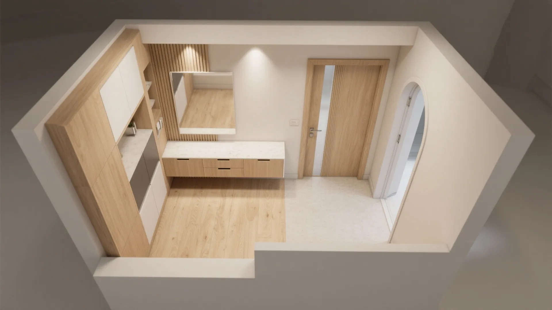 Built-In Storage Benches and Floating Consoles in Wood