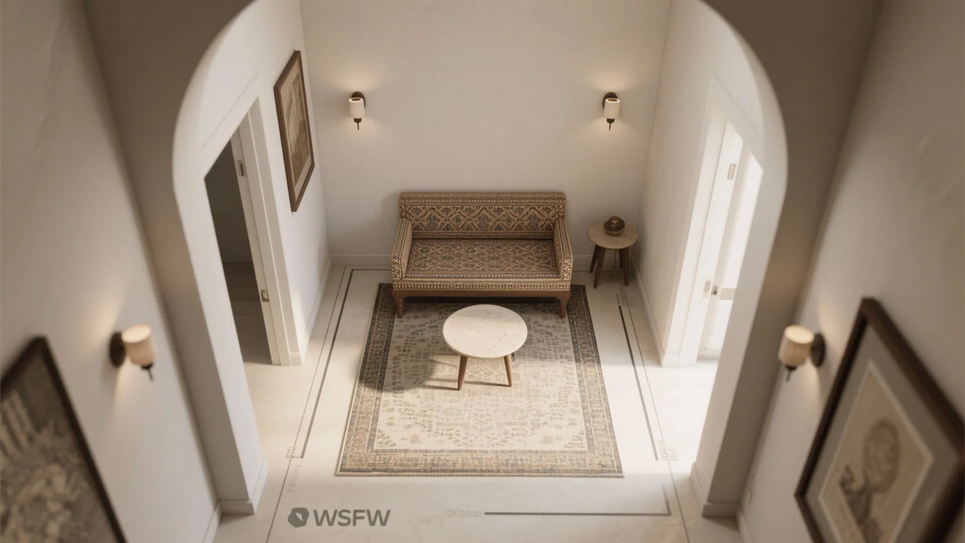 Top-down view showing diwan layout, clear walkway, and rug placement.