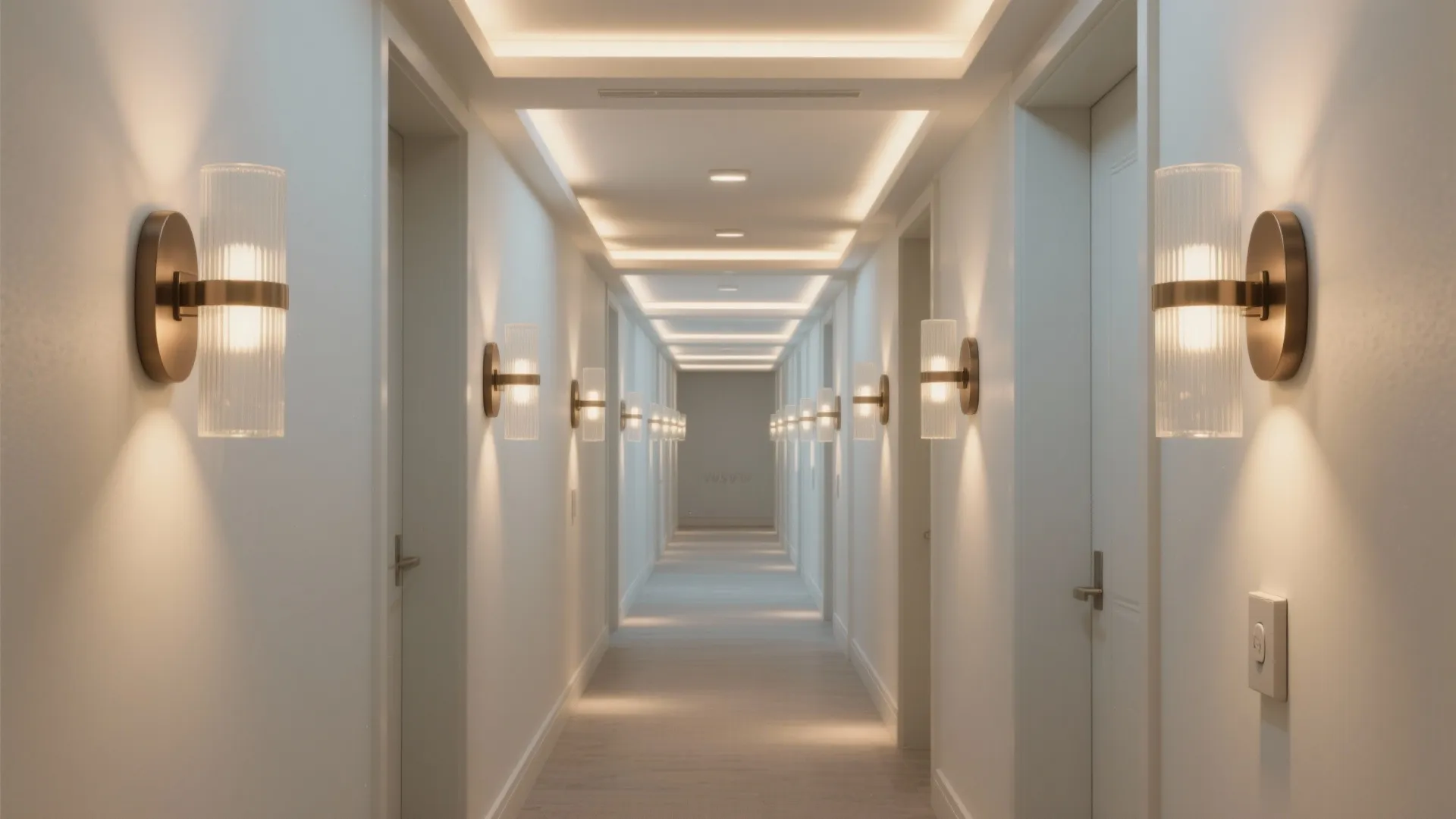 Long white hallway with many glass wall lights and hidden ceiling light strips in modern building