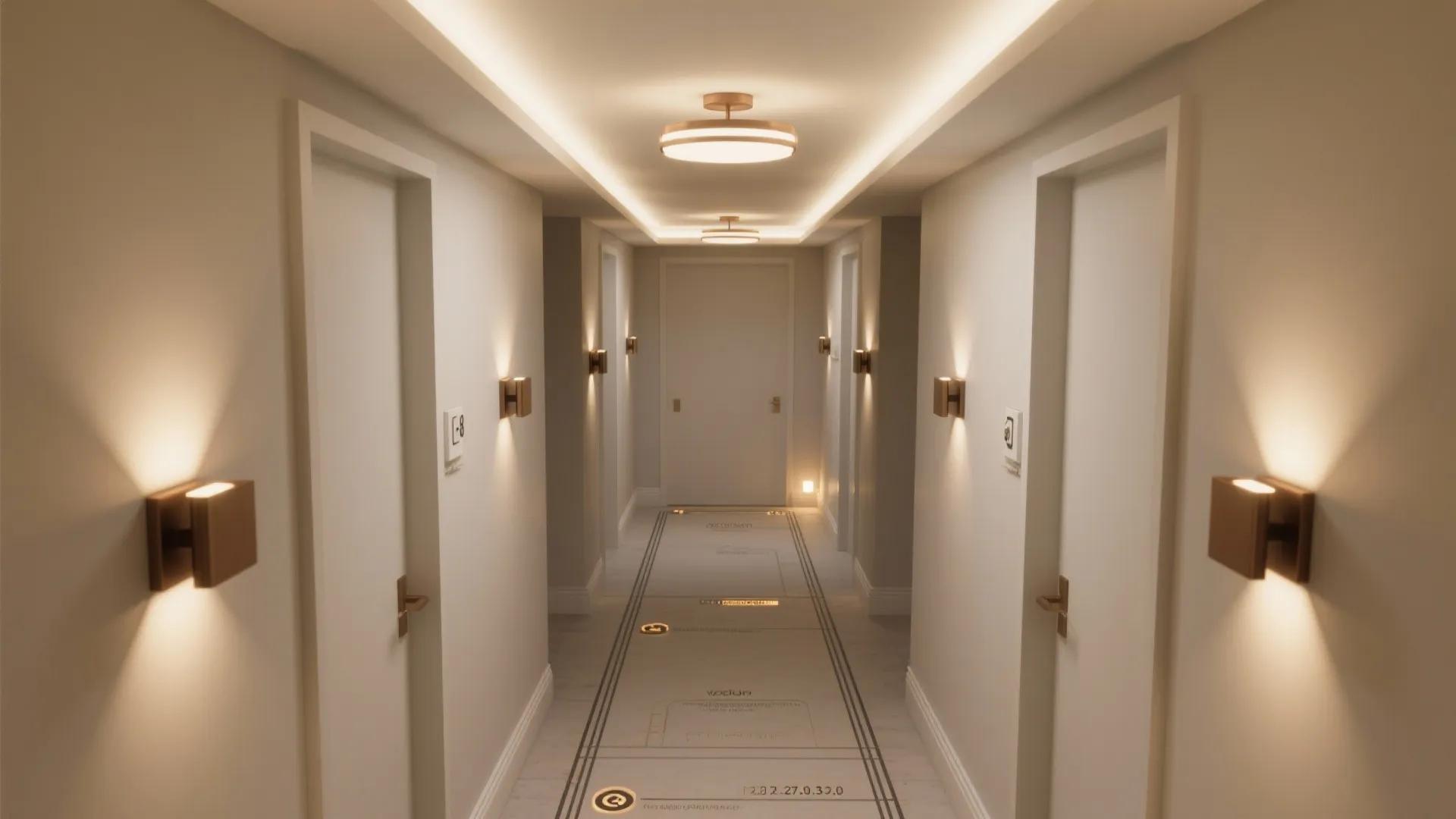 Interior design drawing of a hallway with wall lights ceiling light and many white room doors