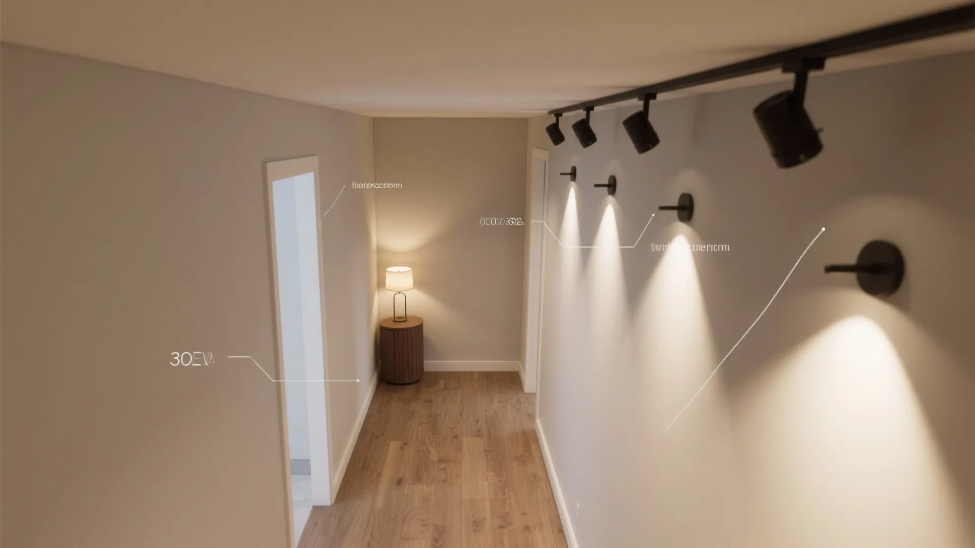 Interior design drawing showing light fixture placement with black track lights and small wall lights