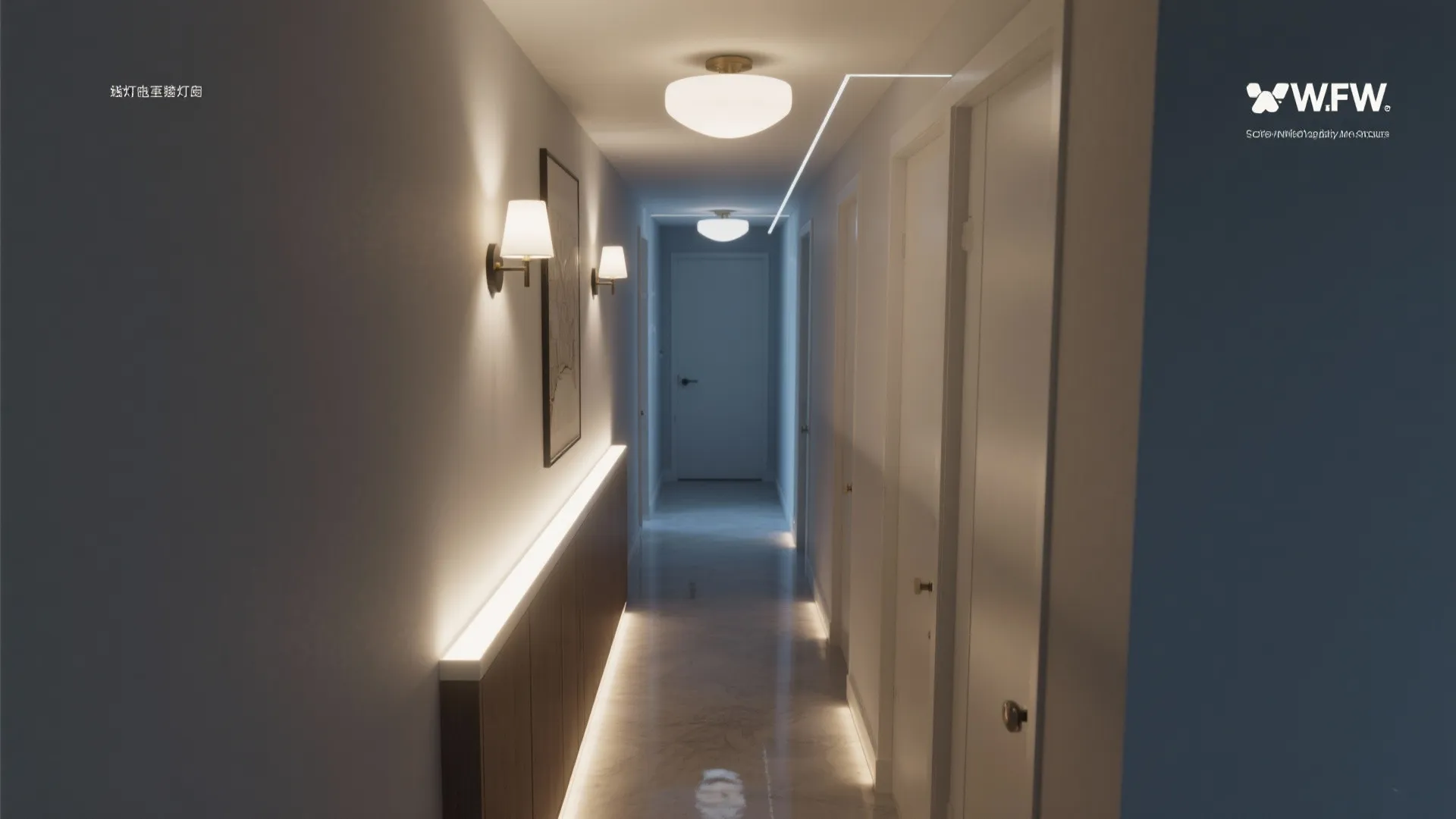 Light-Layered Hallway: Ceiling, Wall, and Floor Glow