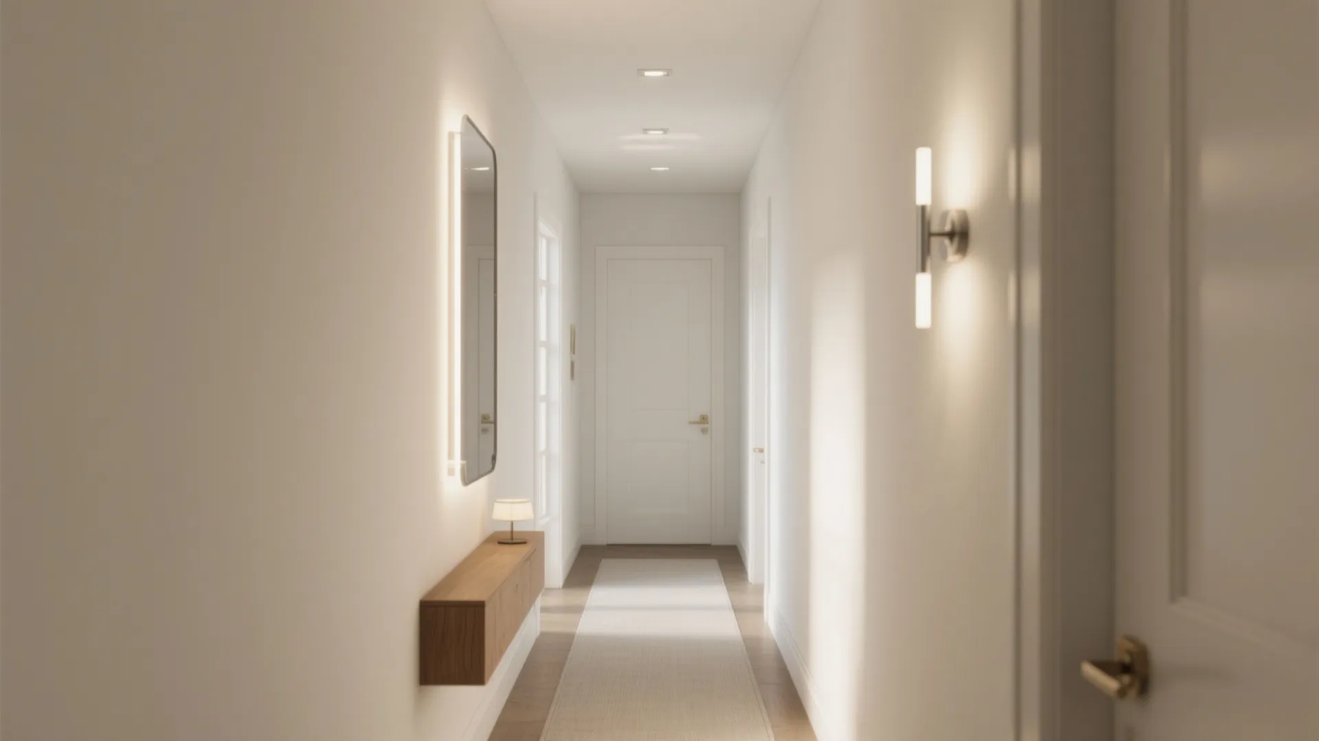 Narrow white hallway with wall light fixtures wood shelf mirror and warm ceiling light design