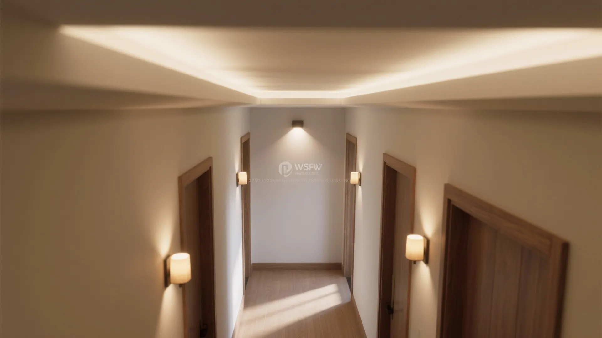 Top-down view of a narrow hall with layered lighting: ceiling wash, warm sconces, entry downlight.