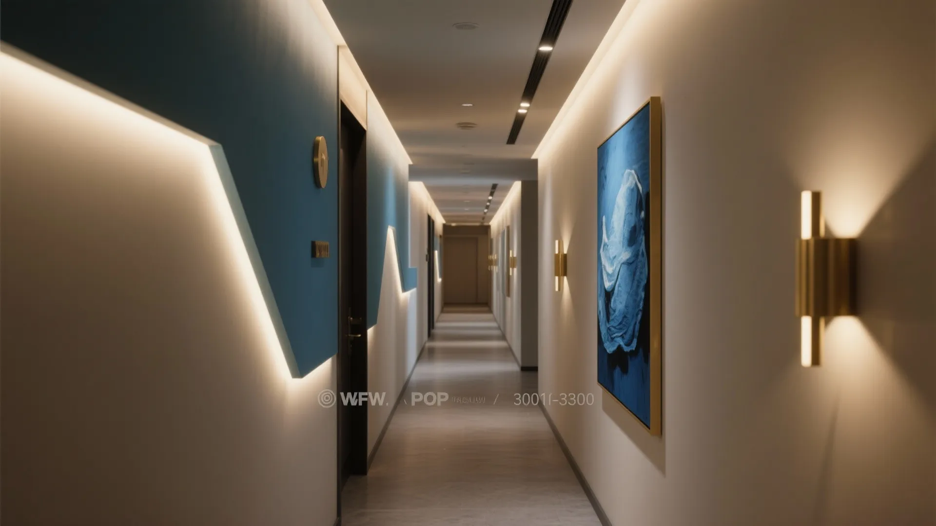 Long narrow hallway interior design drawing with blue wall art and many gold wall lights