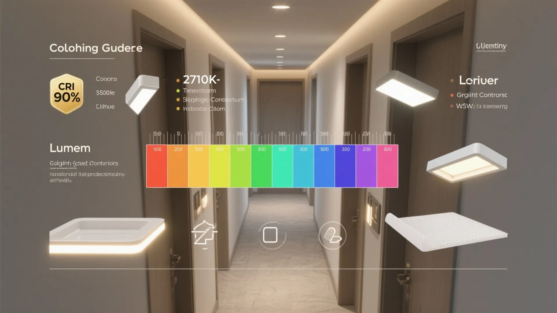 Top-down schematic of hallway lighting concepts: CCT range, lumens per meter, CRI, and glare-control options.