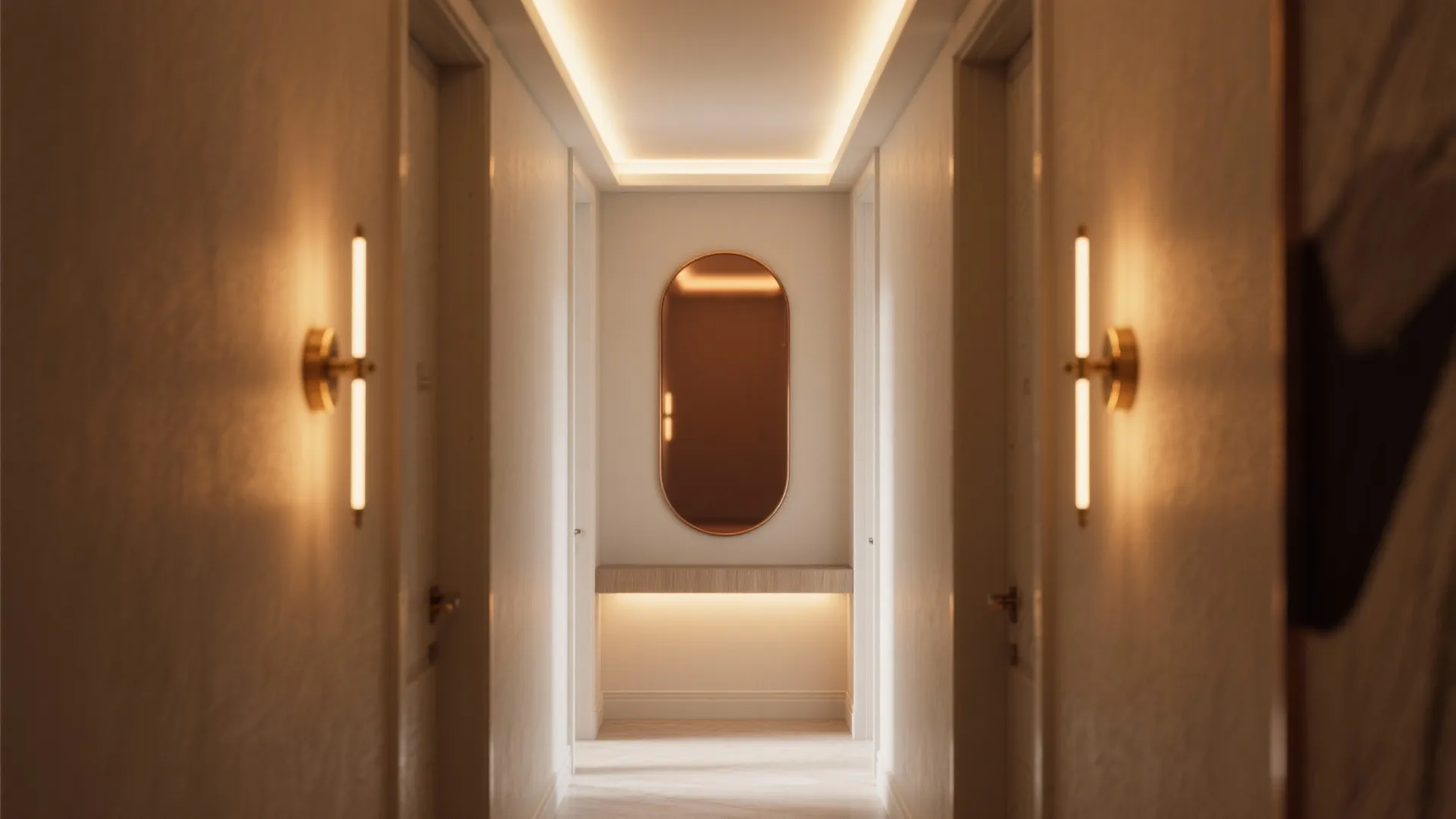 Layered hallway lighting with cove LEDs and a bronze-tinted mirror enhancing warmth and clarity.