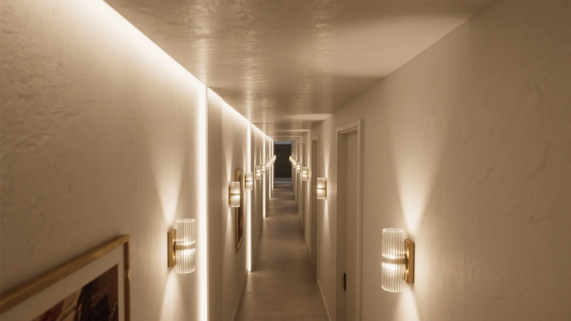 Long narrow hallway with warm wall light fixtures and recessed lighting on white textured interior walls