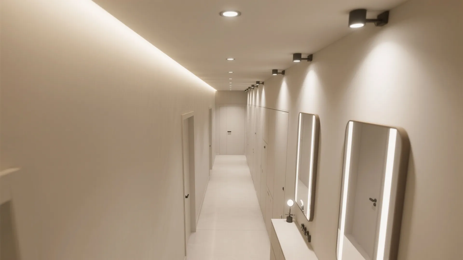 Long white hallway with recessed ceiling lights wall lights and mirrors creating a bright atmosphere