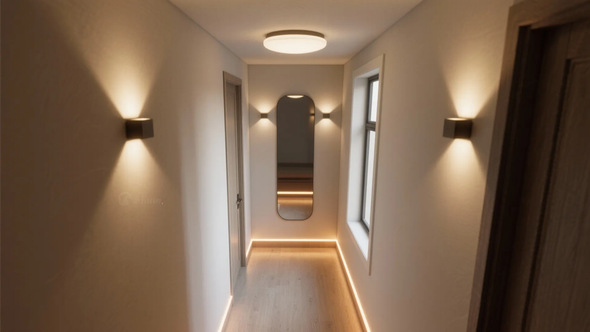 Tall mirrors and light layering for brighter corridors