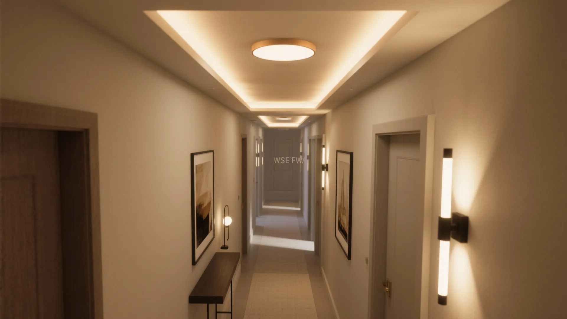 Long narrow hallway with round ceiling lights wall lights hanging art and a small table