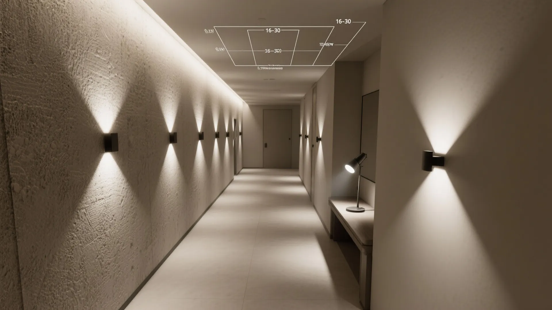 Layered lighting: cove, wall washers, and task spots