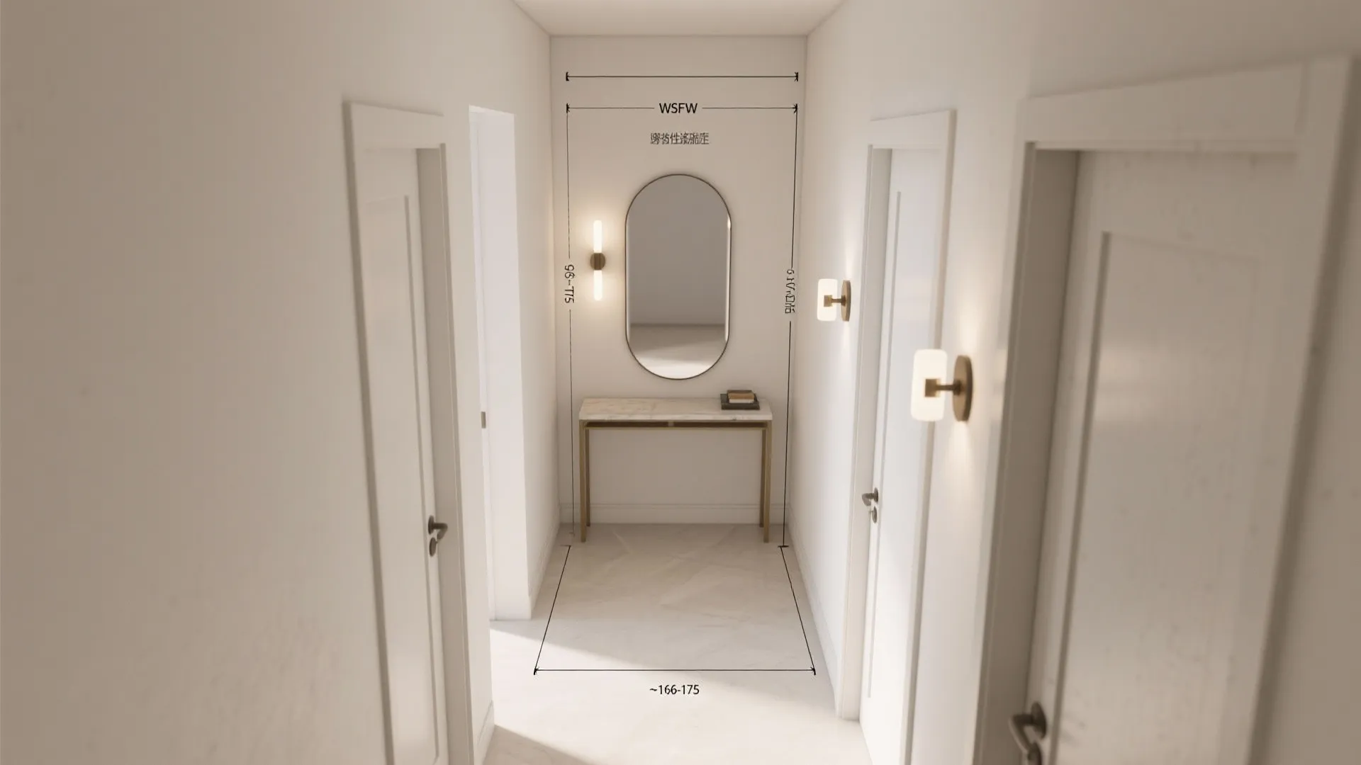 Narrow hallway interior design drawing with wall lights an oval mirror and a console table