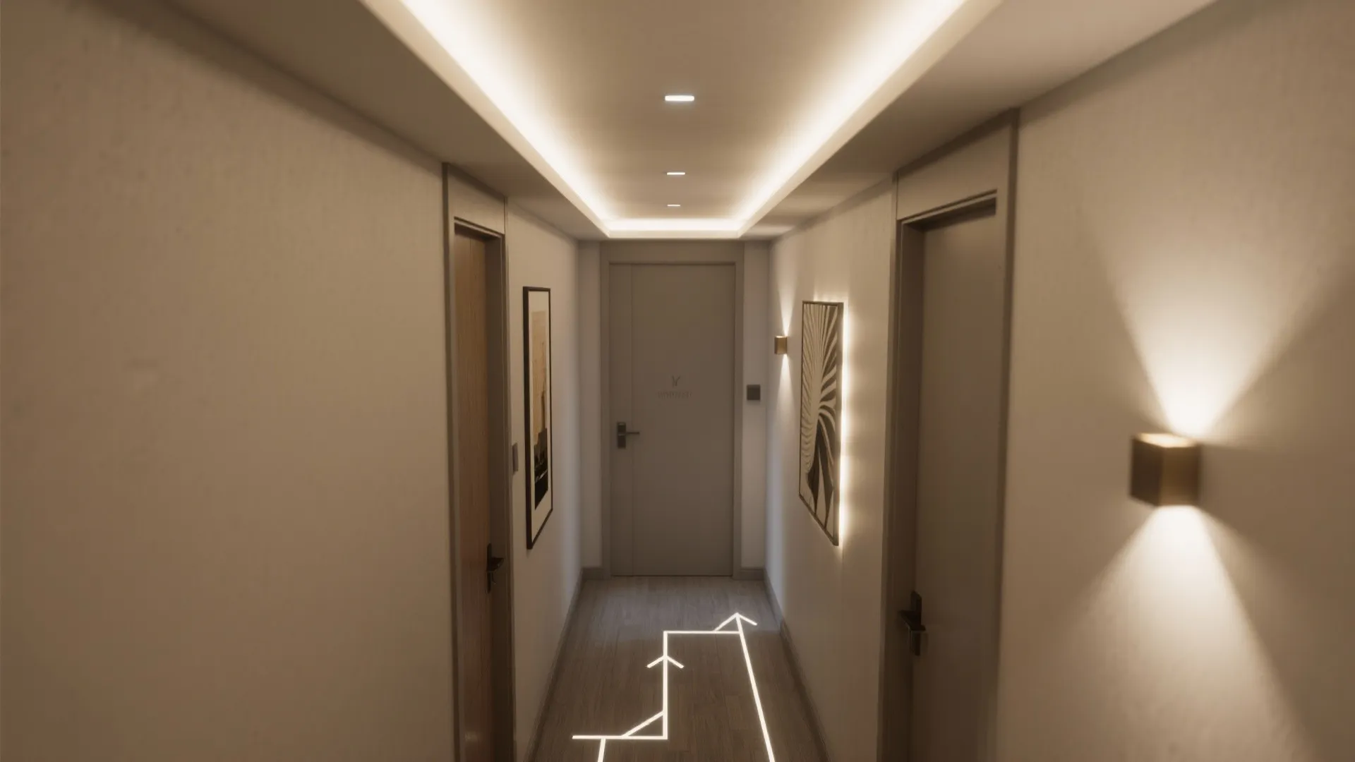 Top-down visualization of a small hallway lighting layout with ambient and wall grazers.