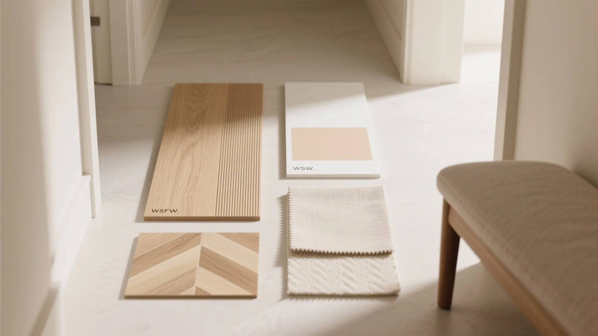 Interior design material board with wood samples fabric swatches and color palette on white floor