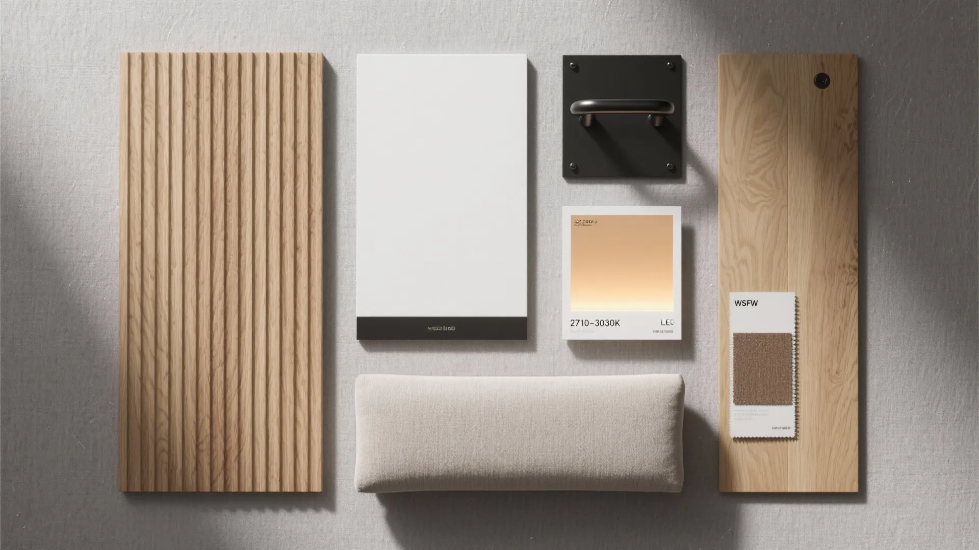 Flatlay with oak slat, white paint, matte black hardware, warm LED chip, and oak floor sample.