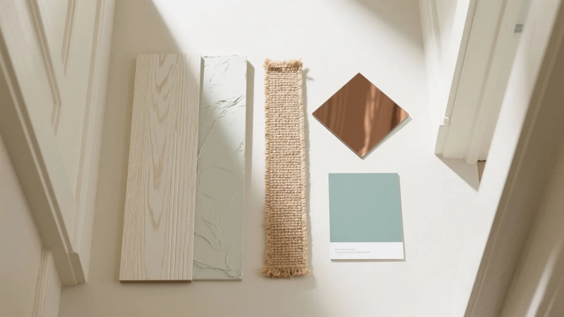 Flatlay of home design materials including wood floor samples fabric swatches and blue paint card