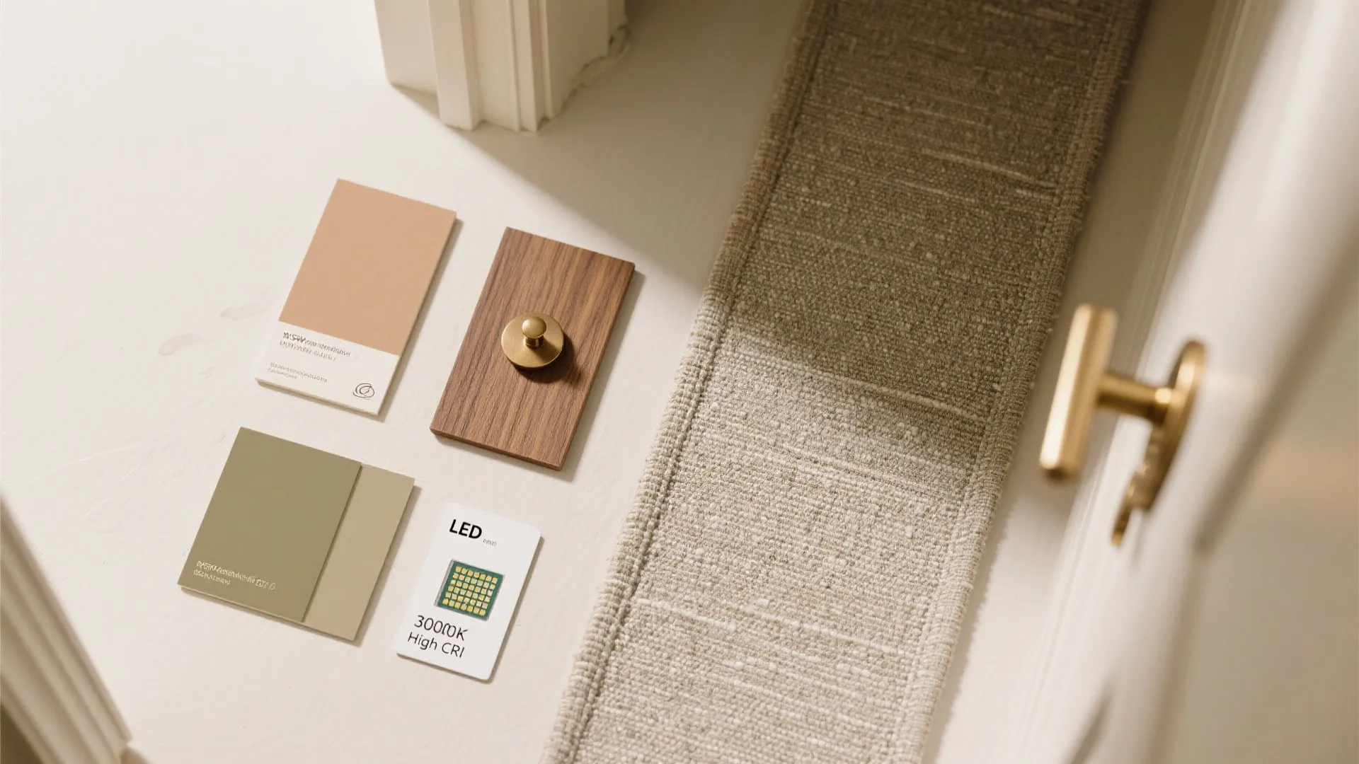Interior design material board with color samples wood piece and a small gold door handle