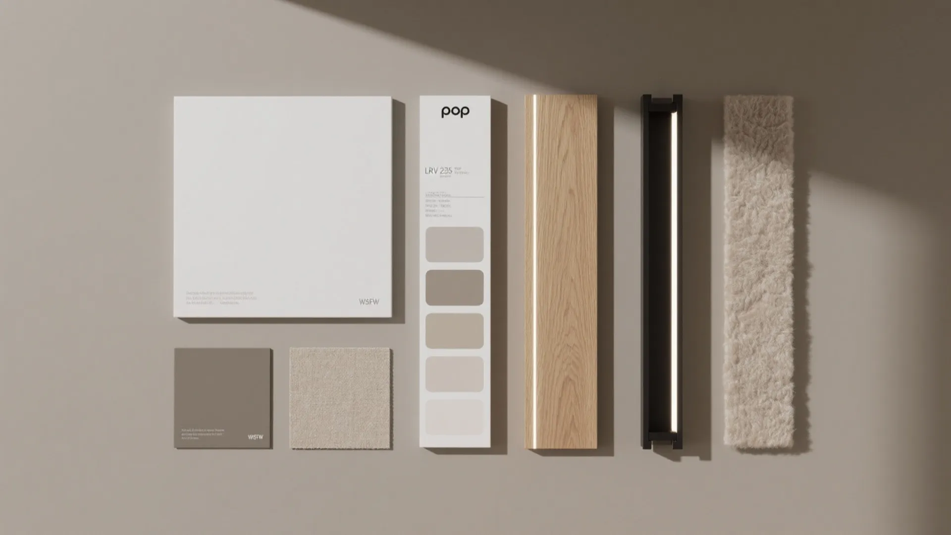 Material board showing wood sample fabric swatches paint colors and light fixture for interior design projects
