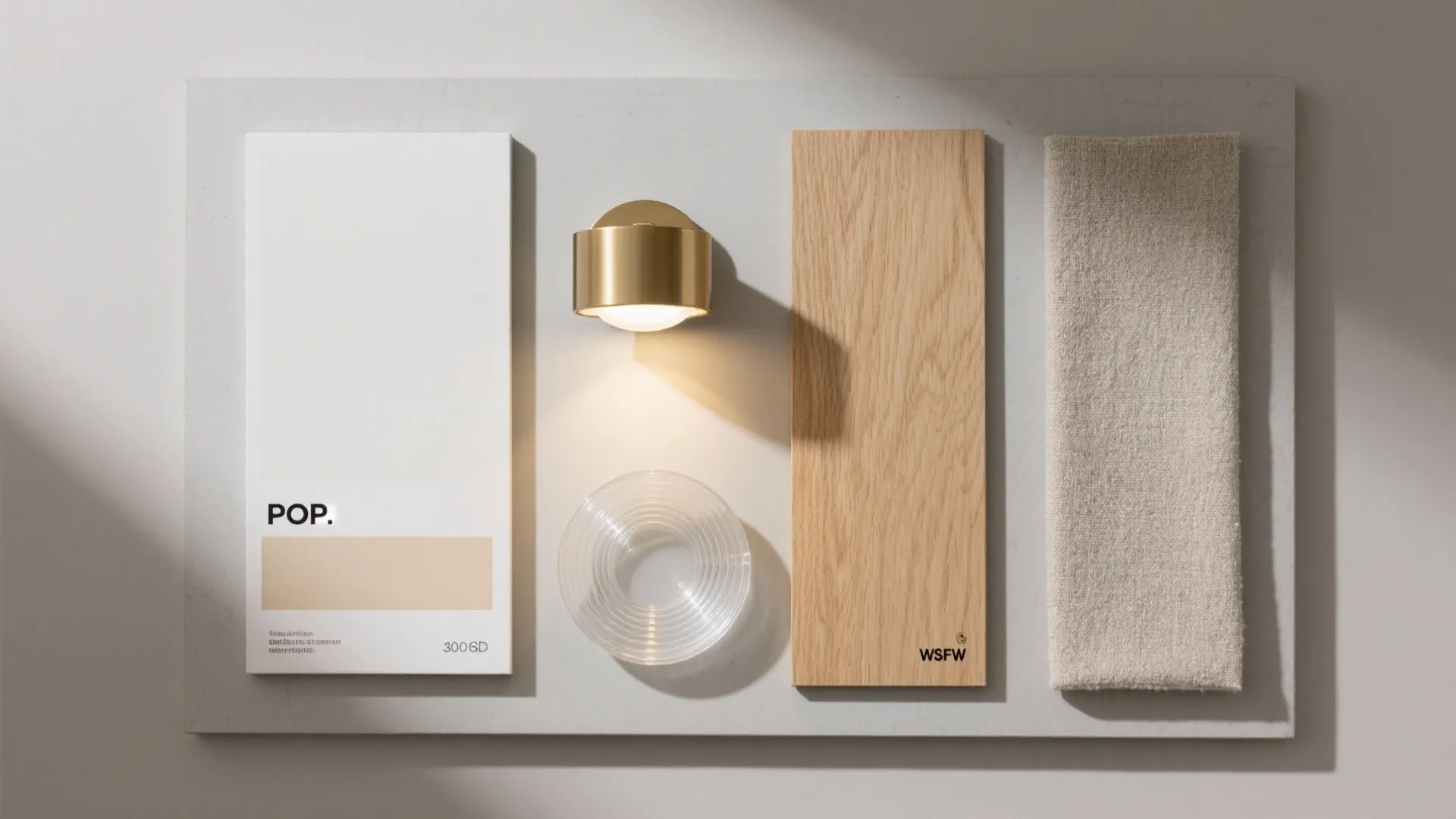 Interior design material board with gold wall light and wood sample plus fabric and glass