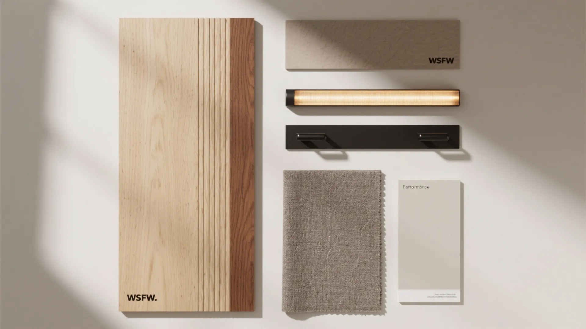 Interior design material board with wood wall panel fabric sample light fixture and paint swatch