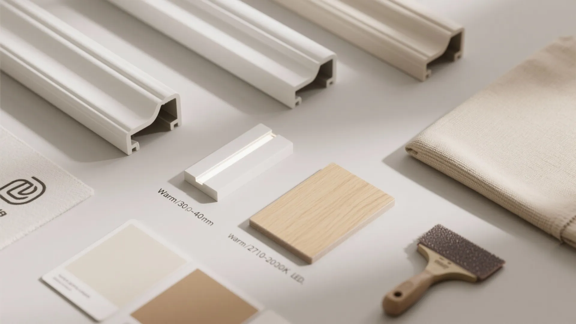 Flat lay of interior design materials including wall panel samples wood flooring and warm LED lighting