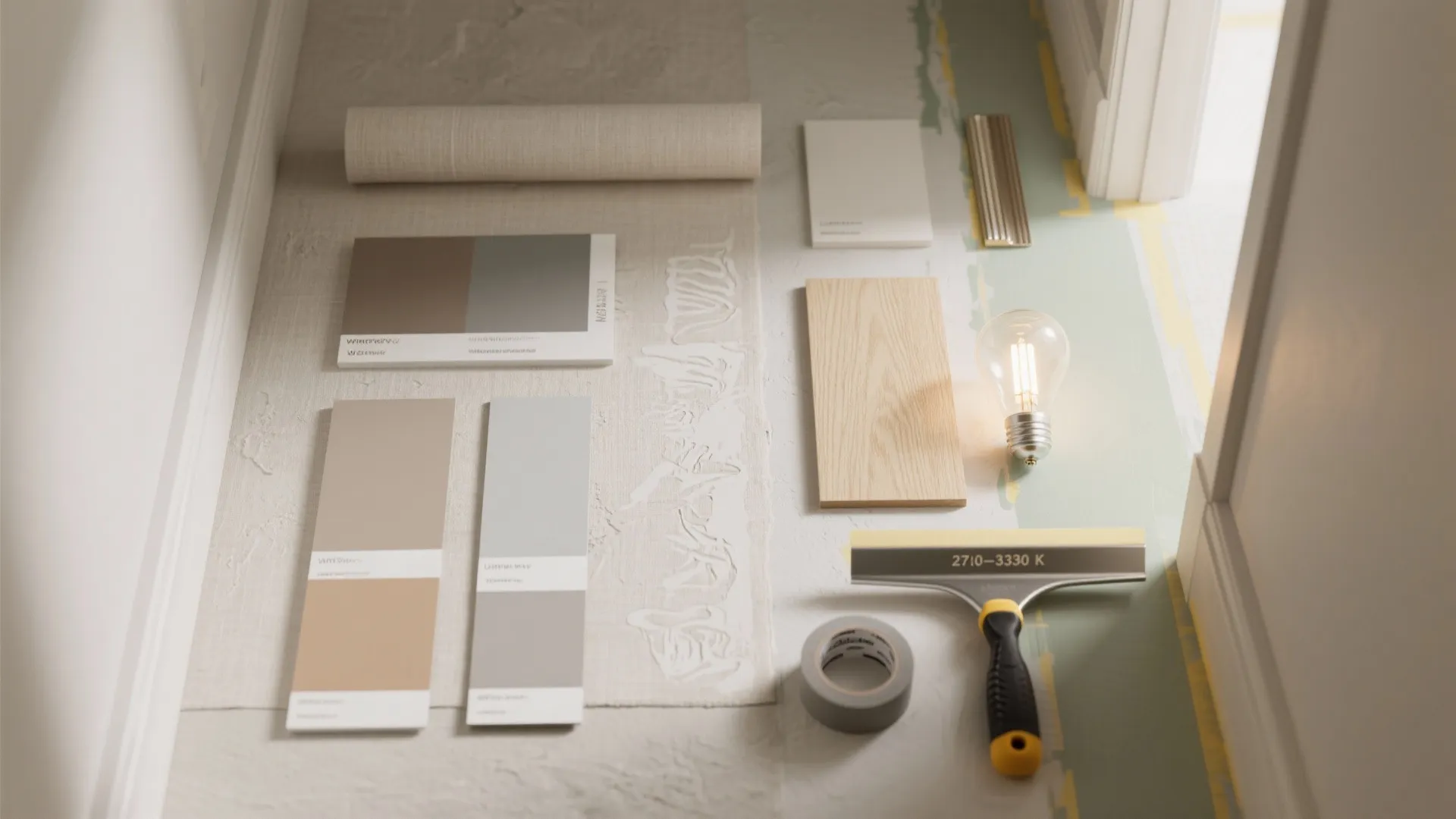 Interior design materials including color paint swatches wood floor sample light bulb and decorating tools