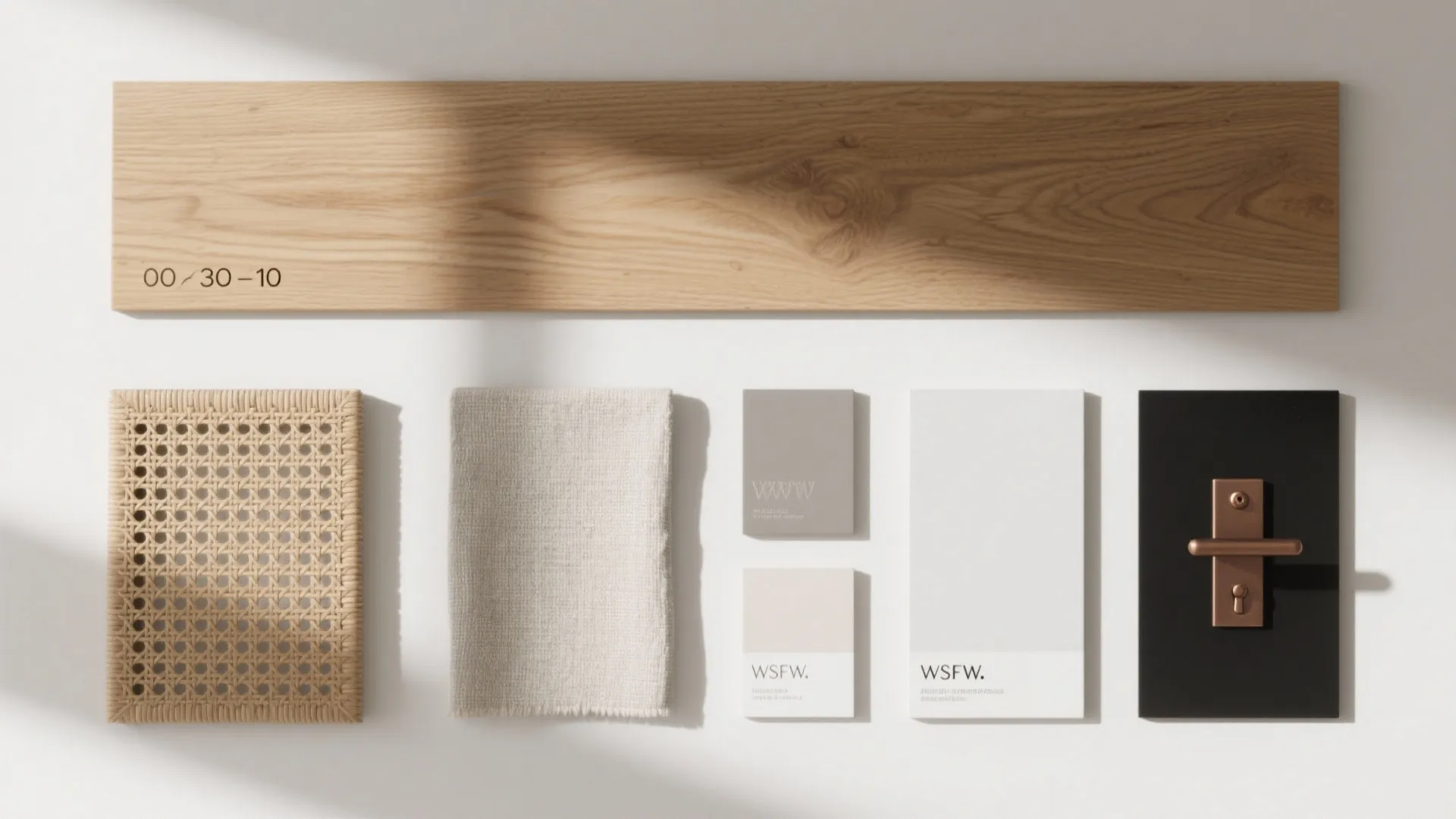 Interior design mood board with wood sample woven material fabric swatches and a door handle