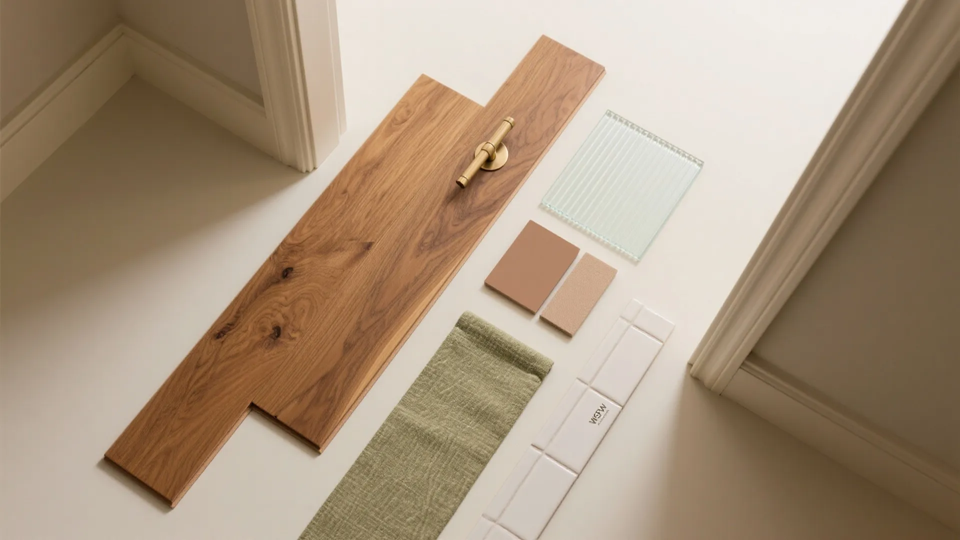 Interior design materials including wood flooring glass tile fabric and metal handle on white background