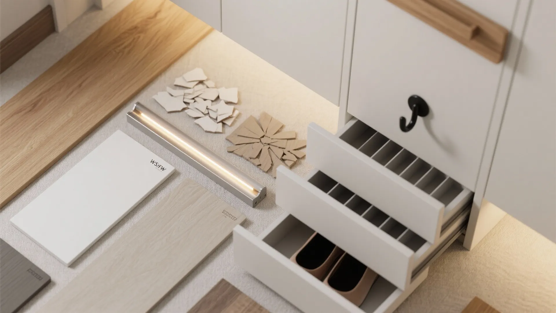 Warm wood accents, lighting, and modular inserts