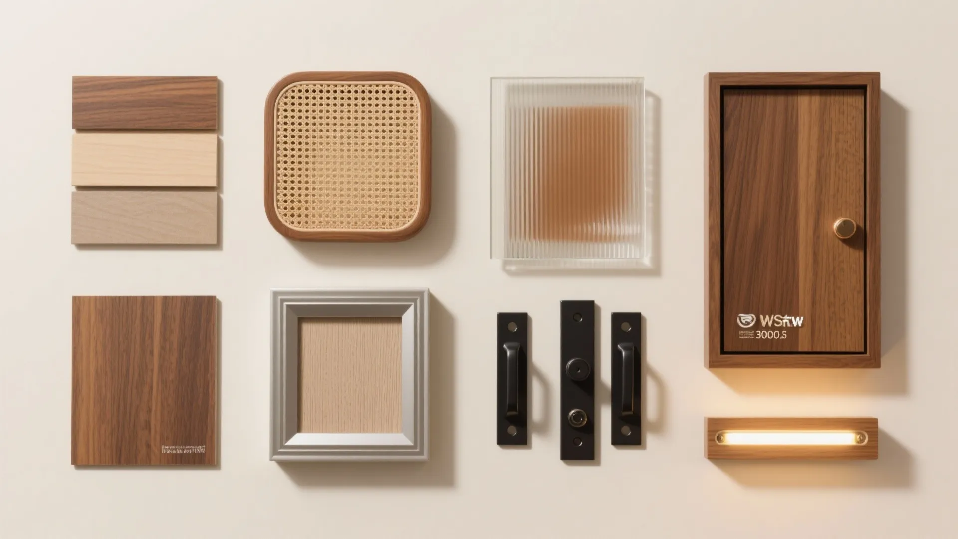 Interior design materials including wood samples rattan panel glass textures cabinet handles and small light fixture