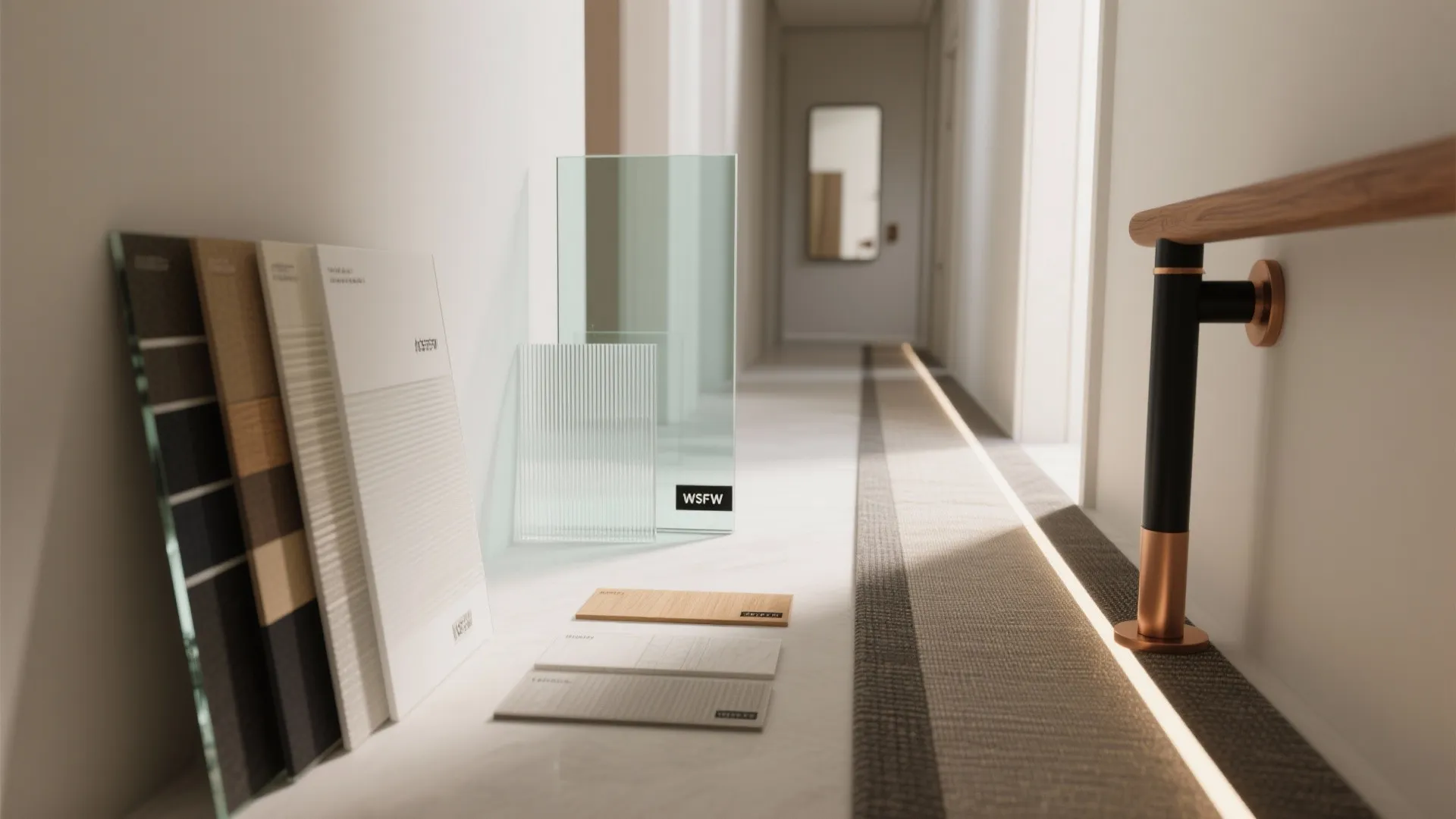 Interior design material samples including glass panels and wood tiles placed on a hallway floor