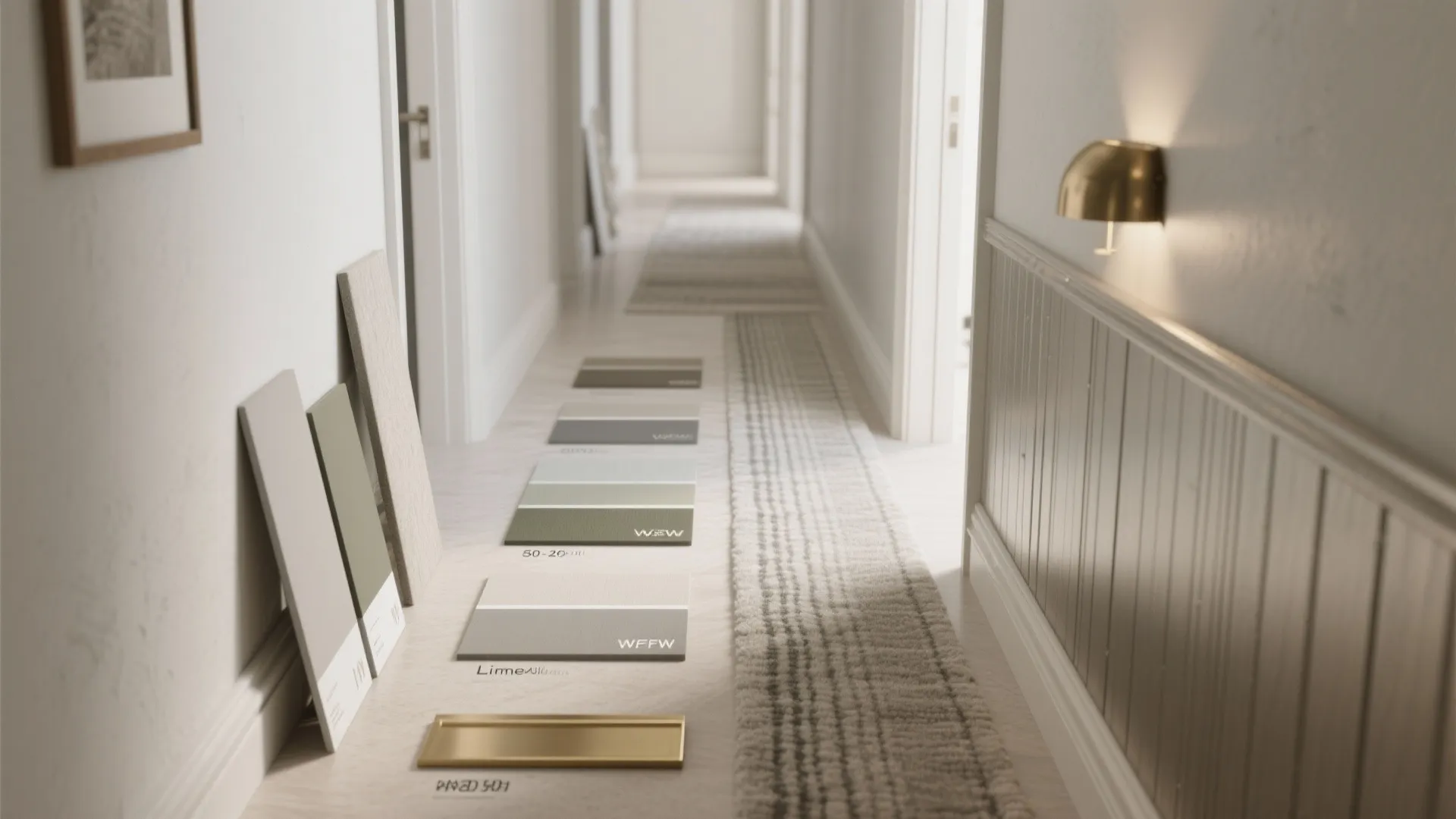 Various interior design material samples and color cards arranged on the floor of a hallway