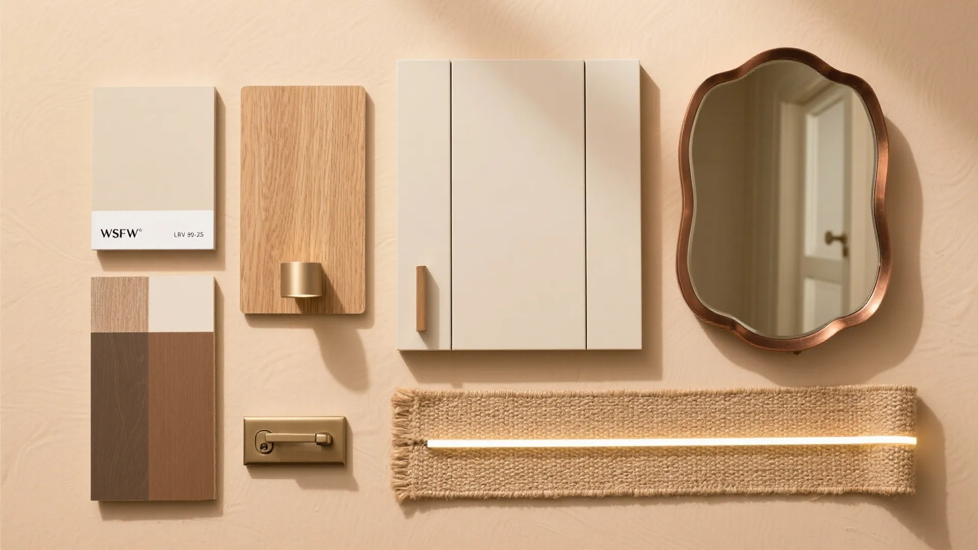 Interior design mood board with wood samples color swatches mirror light fixture and fabric texture