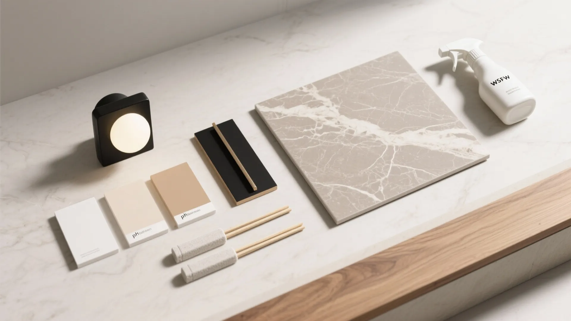 Interior design material flat lay with stone tile color samples light fixture and cleaning bottle
