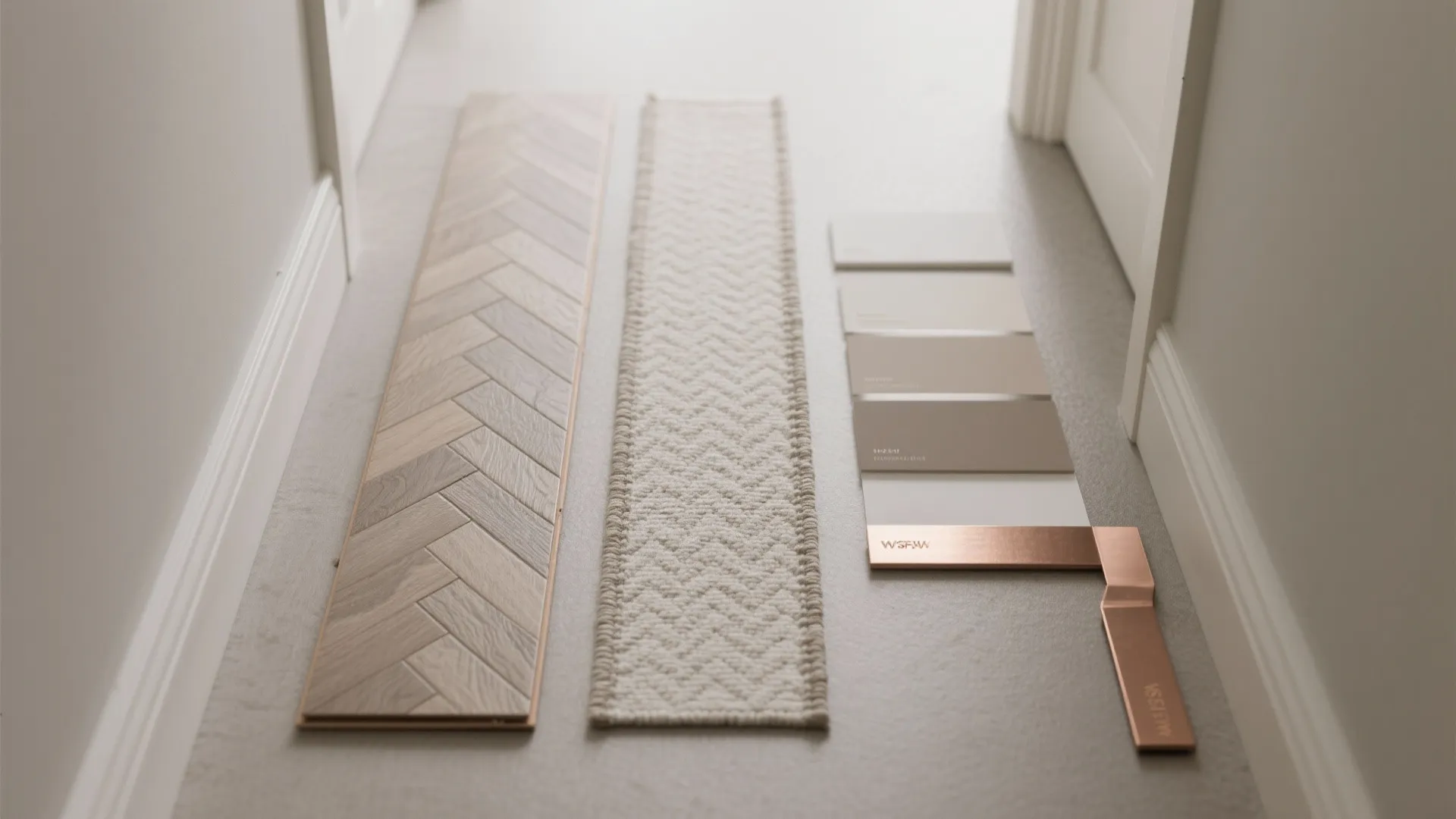 Flatlay of hallway materials including LVP planks, runner fabric, warm metal, and neutral paint swatches.