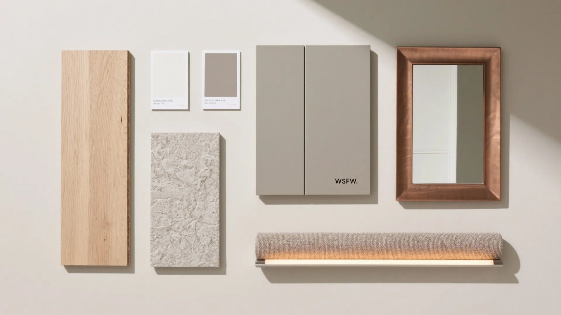 Warm materials: wood + textured paint for calm