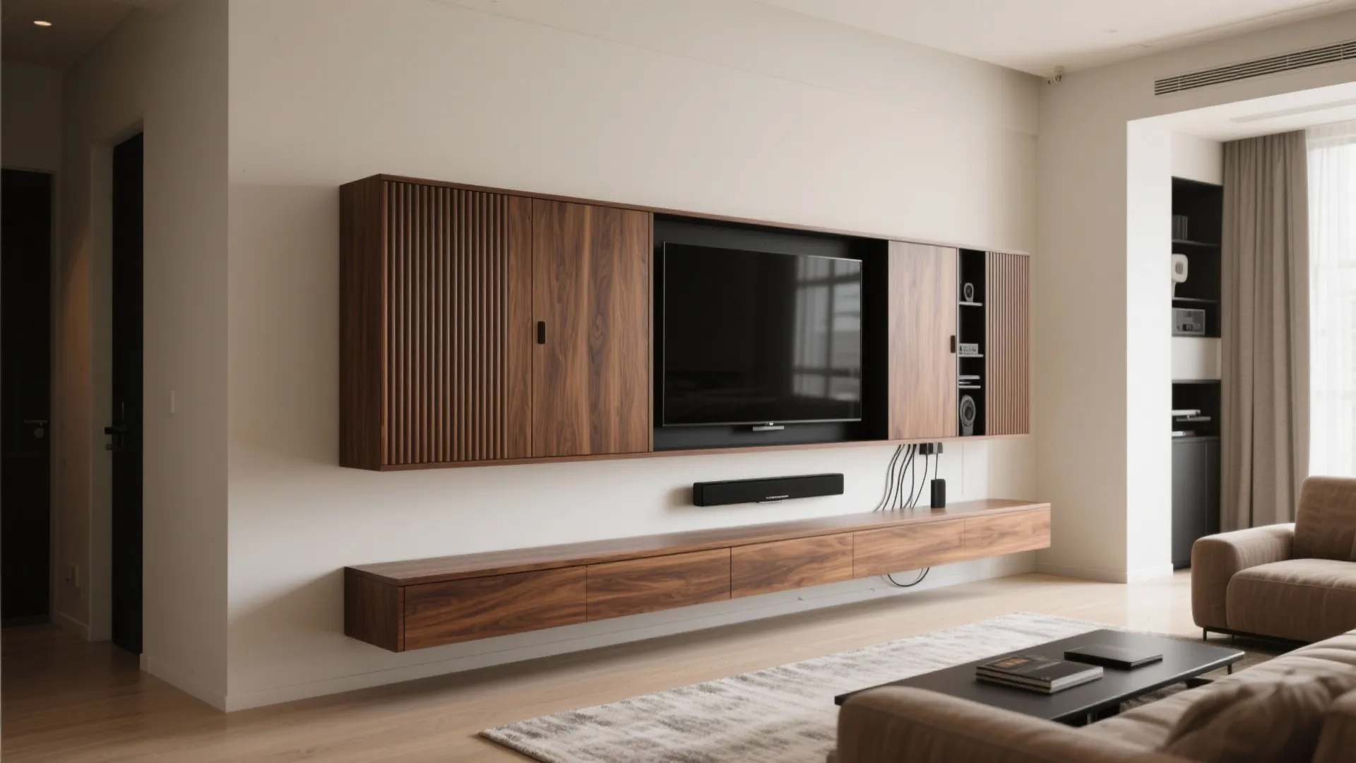 Floating Media Unit with Veneer and Niches