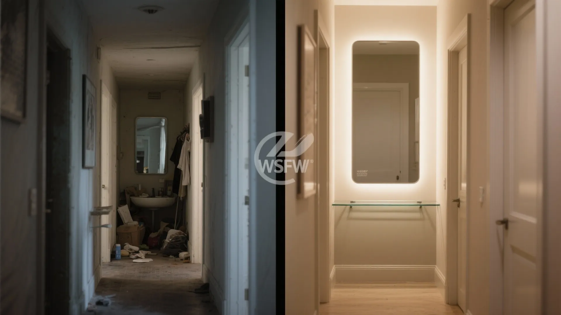 Before and after comparison of a messy dark hallway versus a clean bright modern hallway