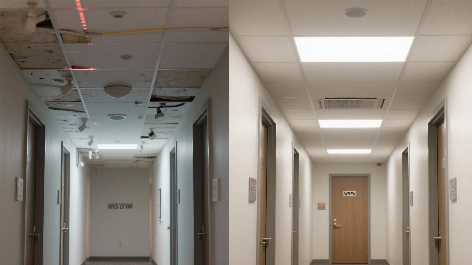 Comparison of hallway ceilings showing mistakes on the left and corrected alignment and lighting on the right.