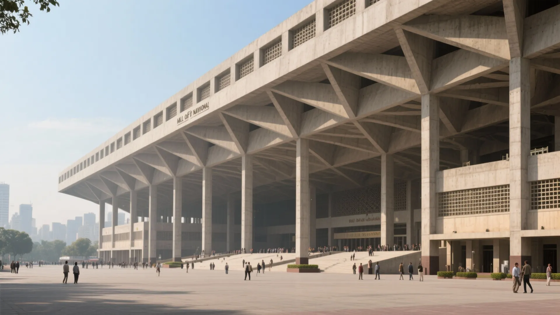 Large concrete building with unique roof structure many pillars and people walking in public square