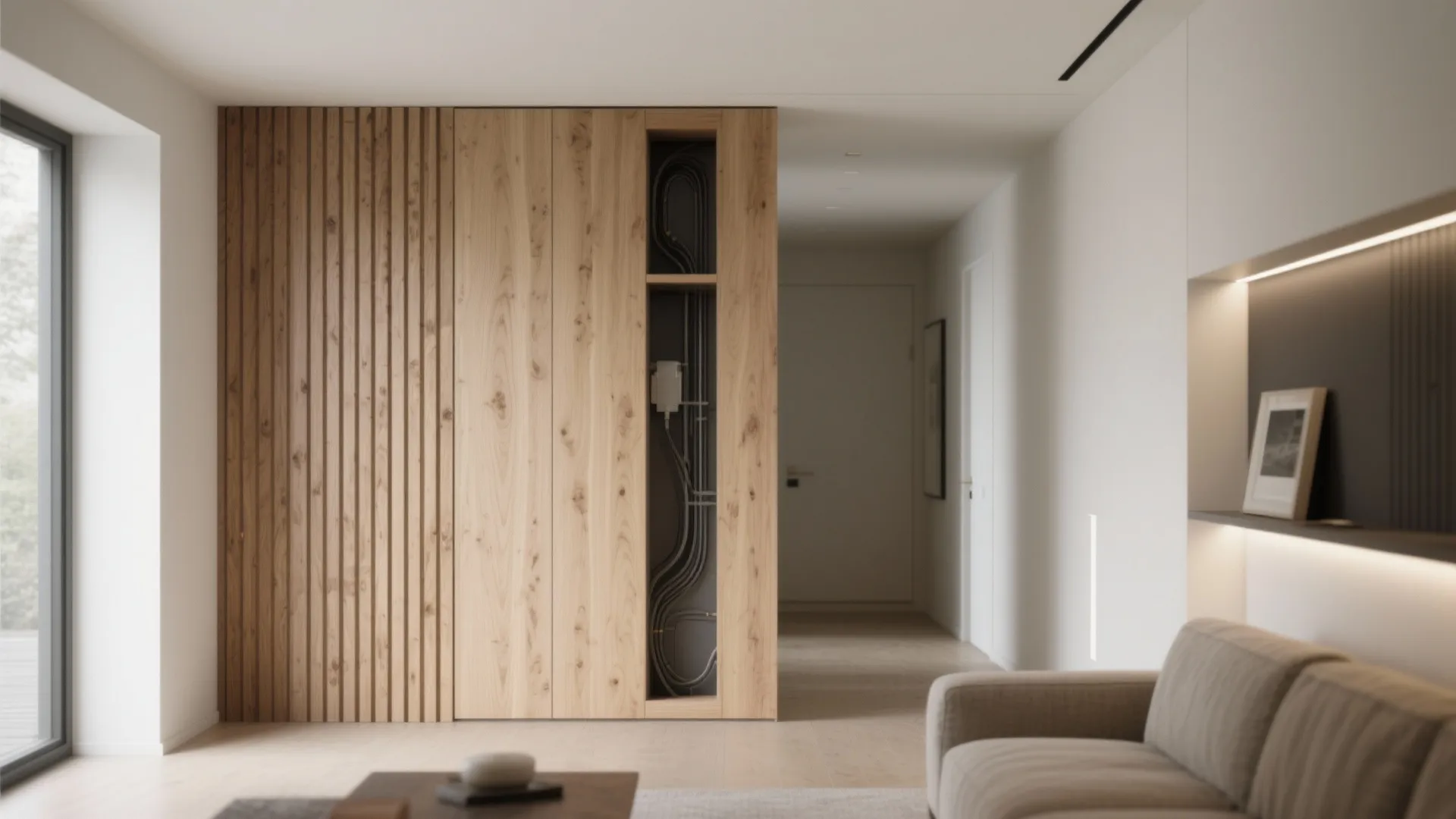 Slatted Wall Paneling for a Calm Hall