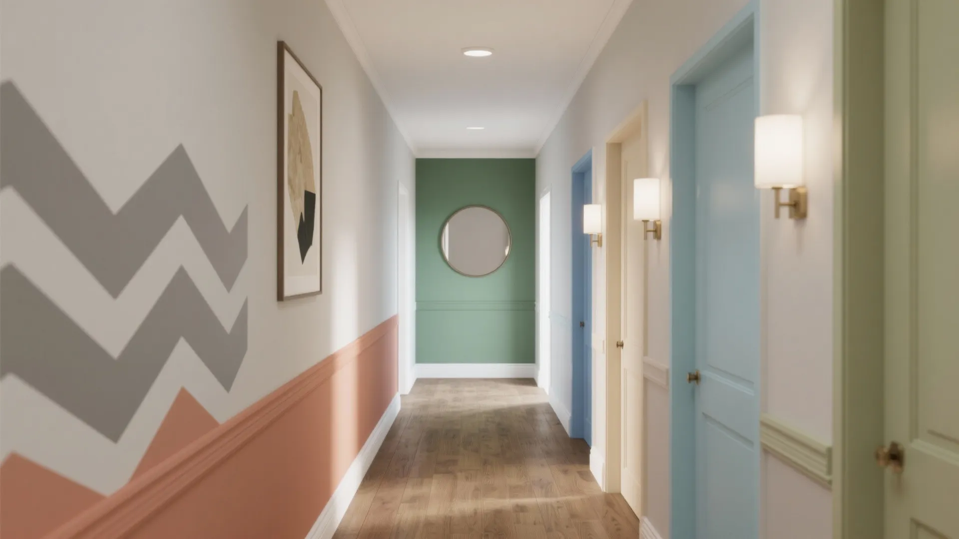 Modern hallway with blue doors, green end wall, round mirror, wood floor, and gold wall lights