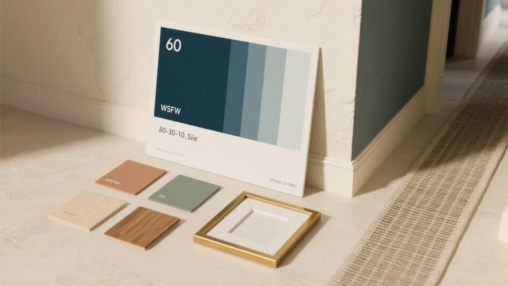 Interior design color palette card with blue shades and material samples on a beige floor