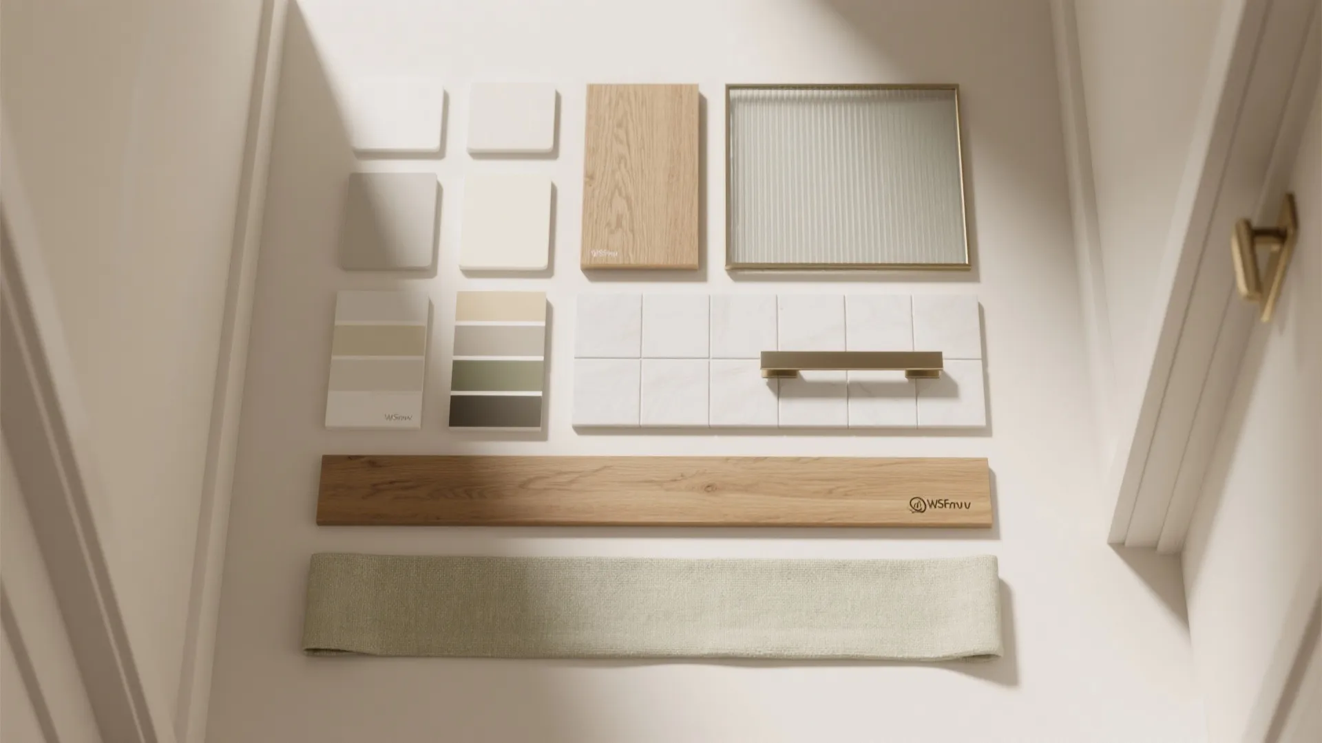 Interior design material board featuring wood samples color swatches white tiles and a gold handle