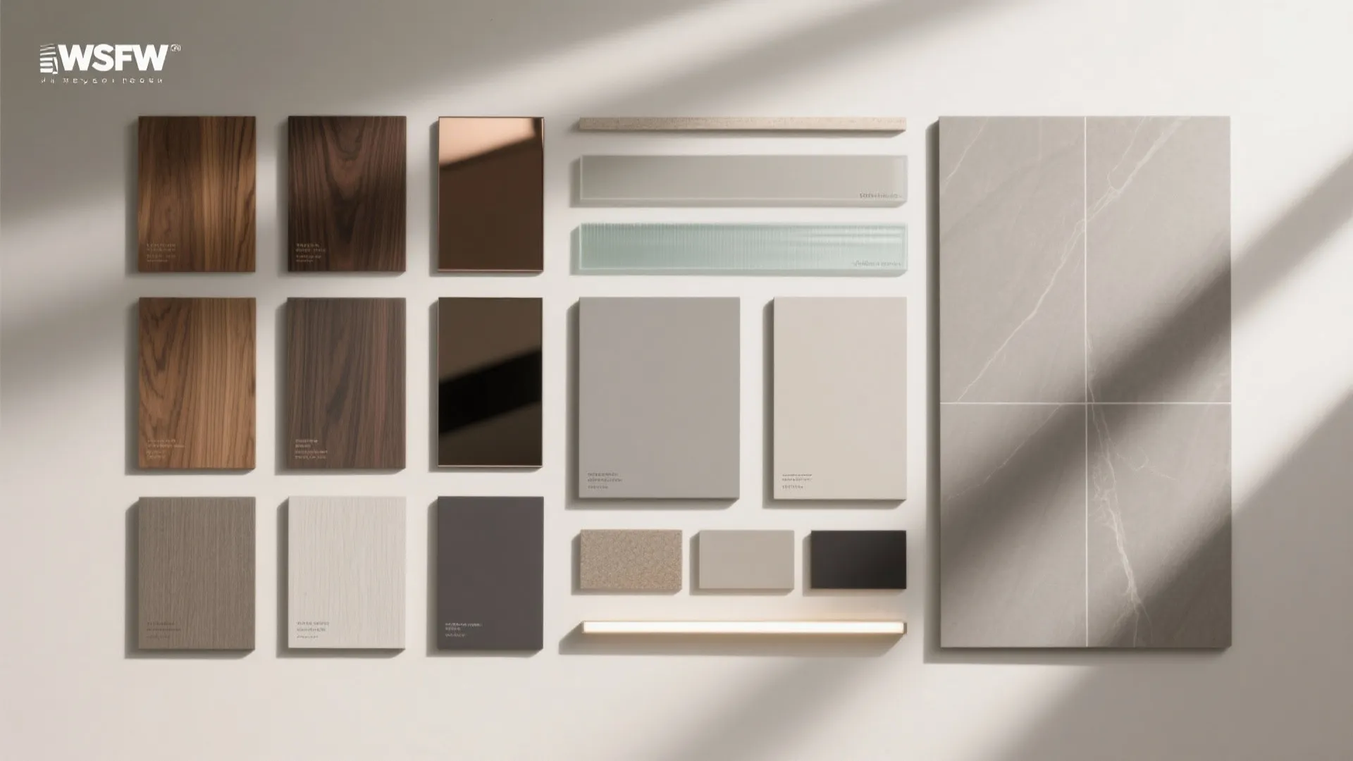 Flatlay of wood, glass, mirror, porcelain, and paint swatches for hall media walls.