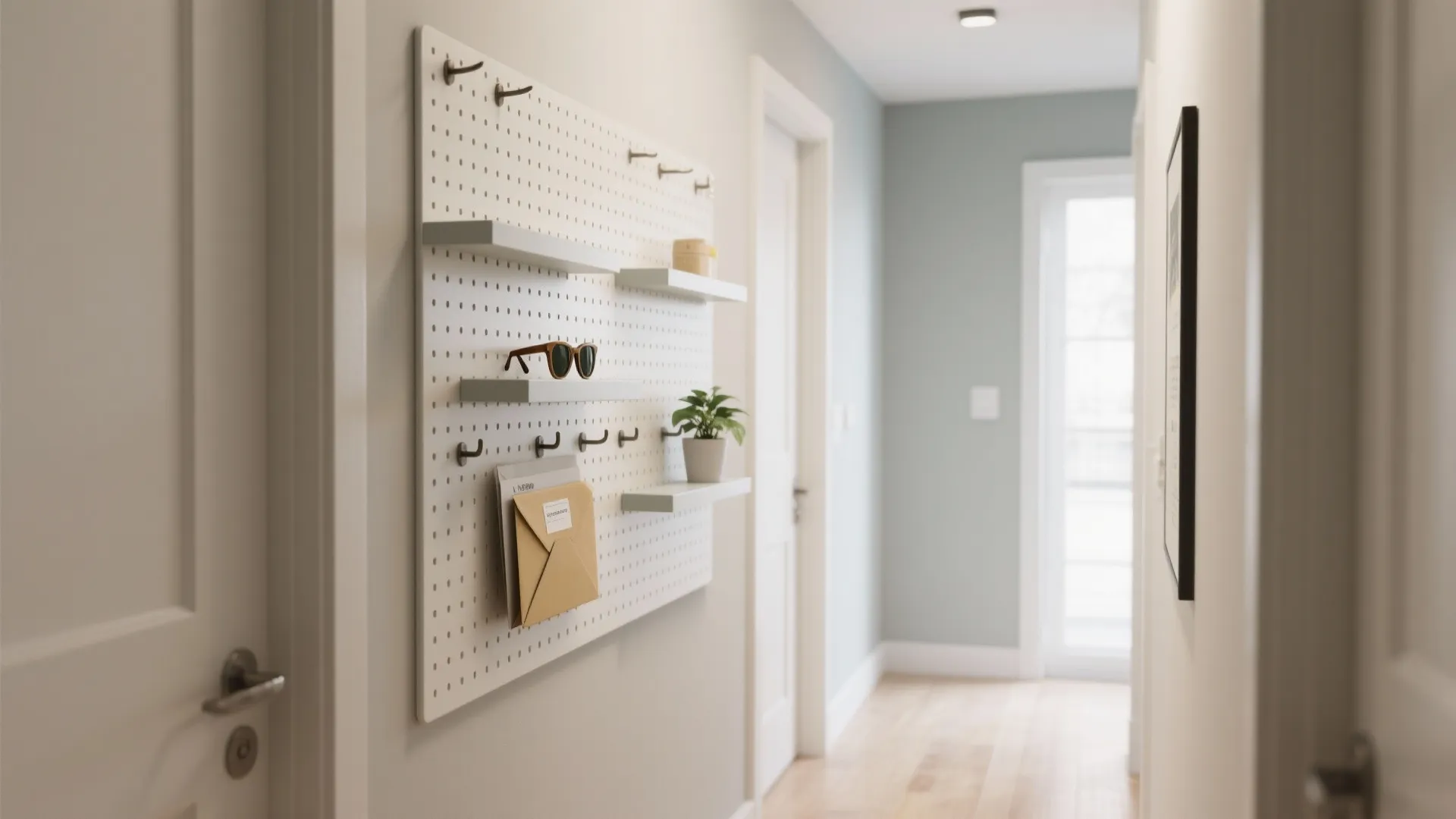 Wall-mounted pegboard + slim shelves for modular storage