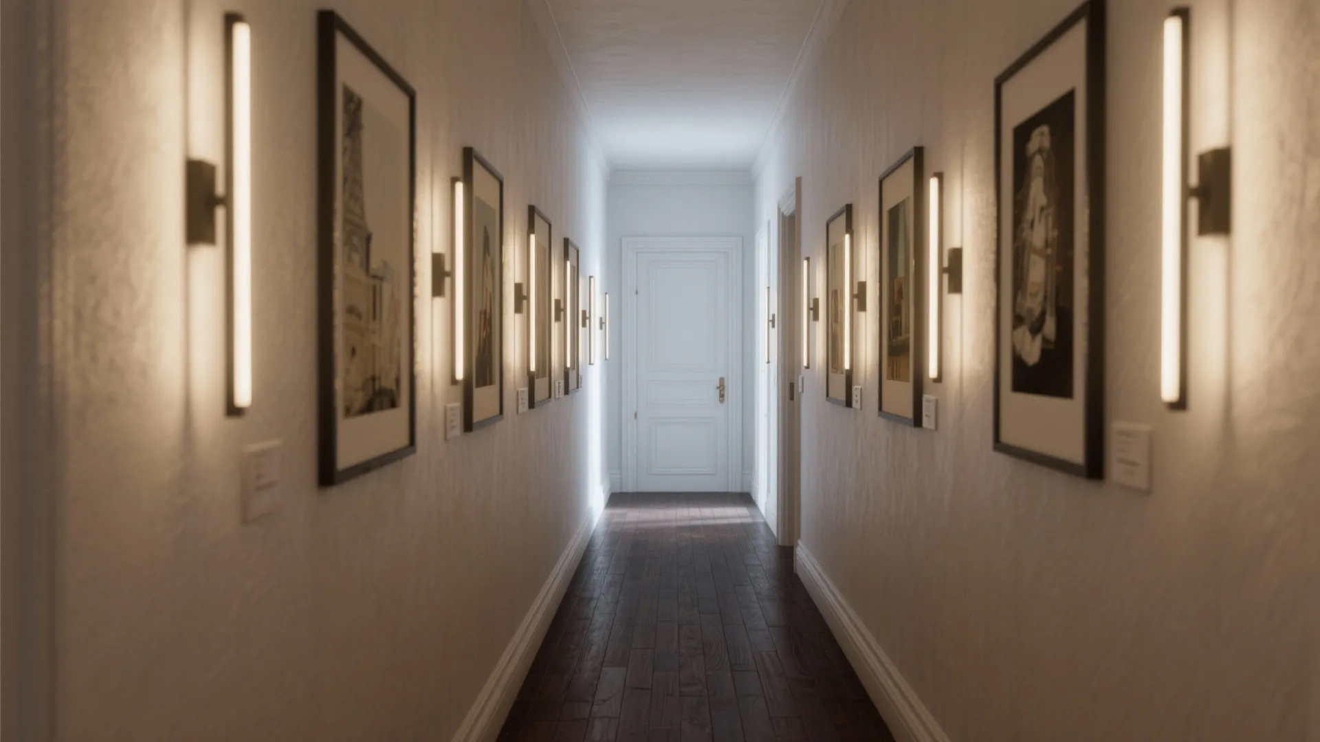Narrow hallway with slim picture-frame LED sconces highlighting a gallery wall.