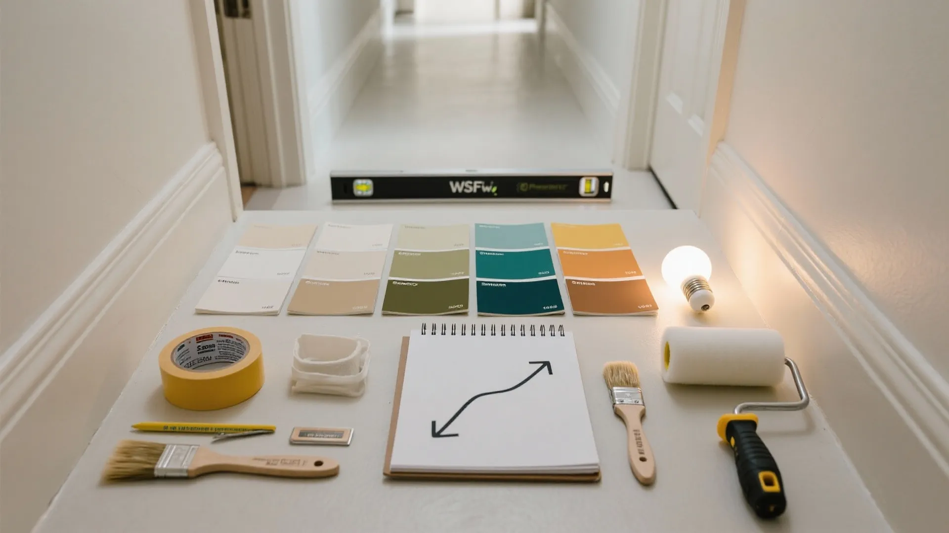 Planning kit with color swatches paint brushes tape and notebook placed on white hallway floor surface
