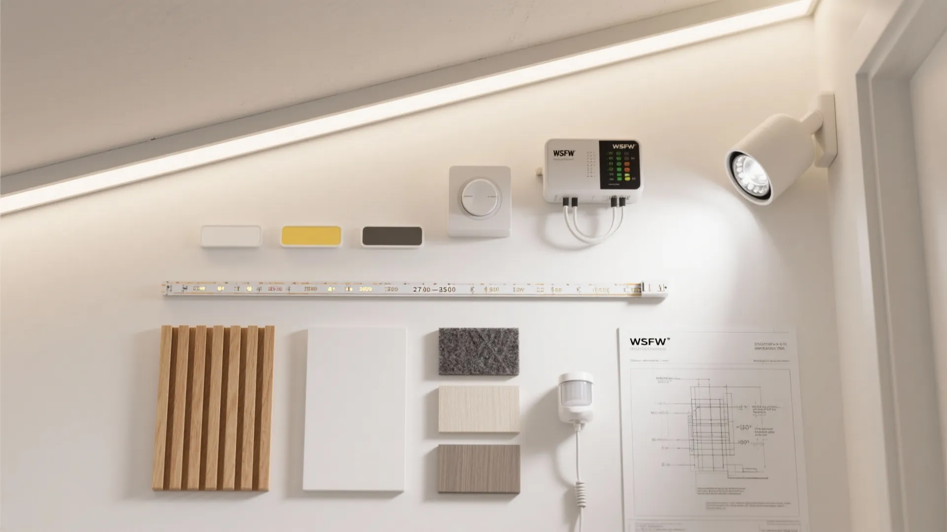 Flatlay of LEDs, dimmer, wall-wash spot, paint chips, wood slat, laminate, and a motion sensor.
